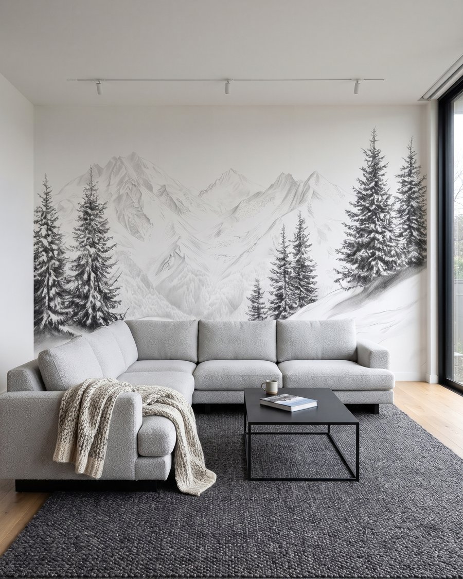 Pinos ante cumbres nevadas en un interior