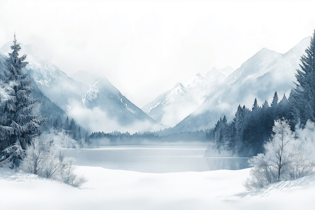 Lago invernal en niebla — diseño completo