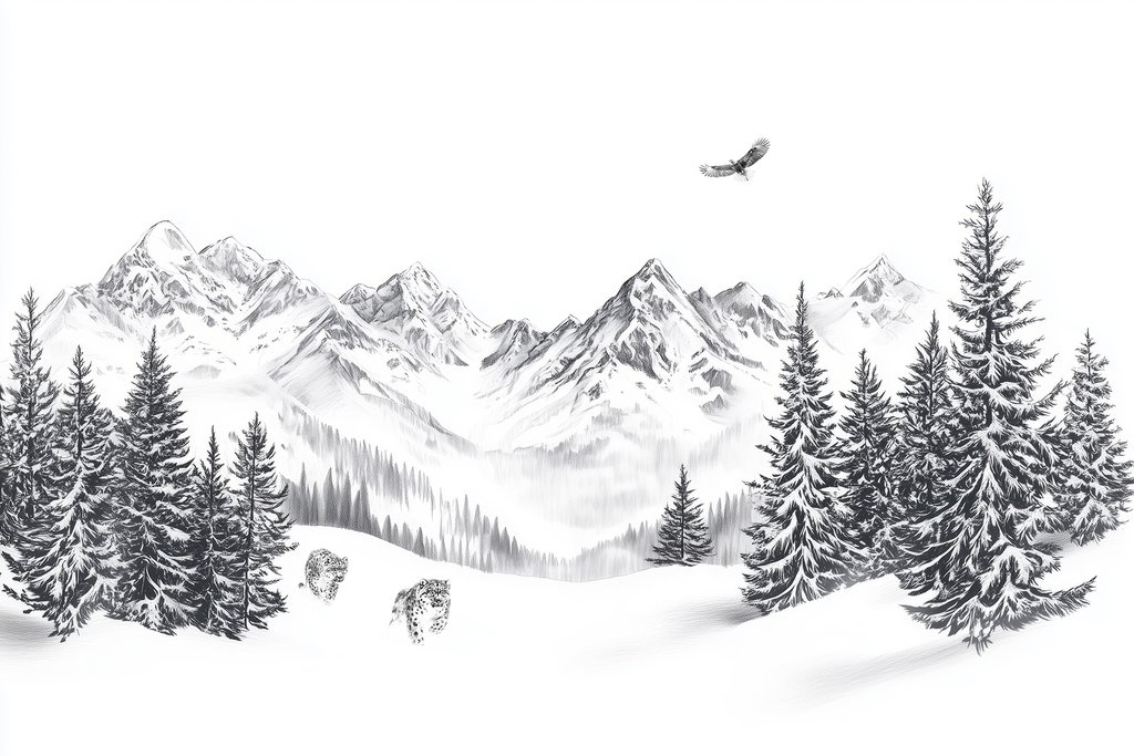 Pájaro sobre cumbres nevadas — diseño completo