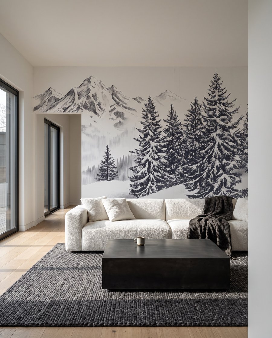 Pájaro sobre cumbres nevadas en un interior