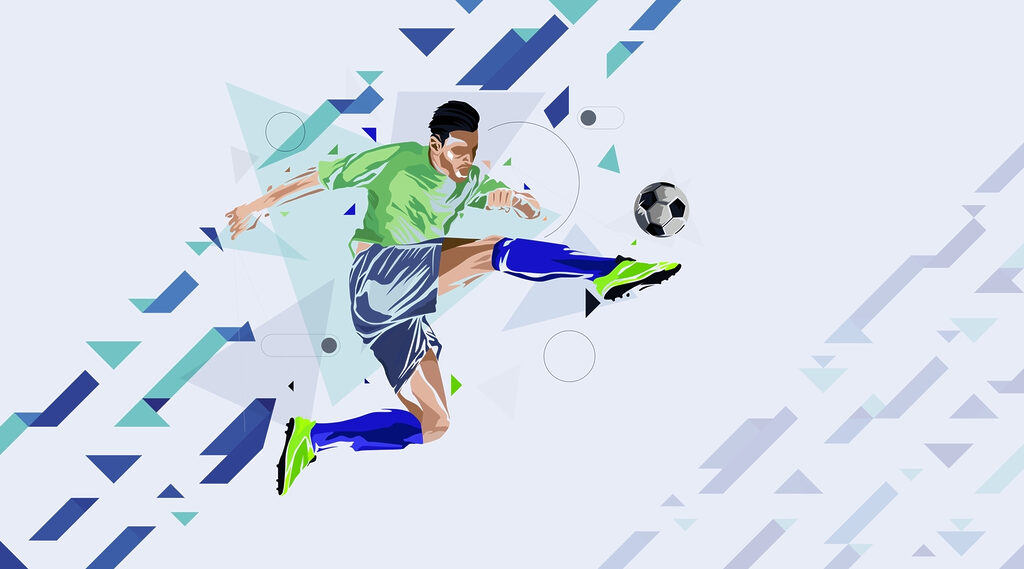 Futbolista entre flechas azules — diseño completo