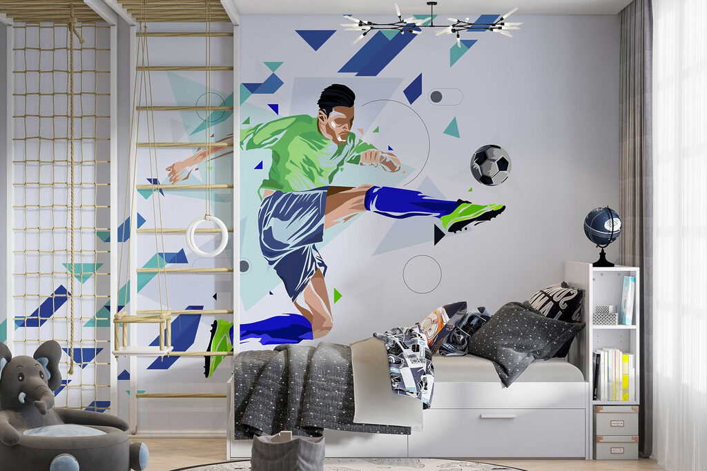 Futbolista entre flechas azules en un interior