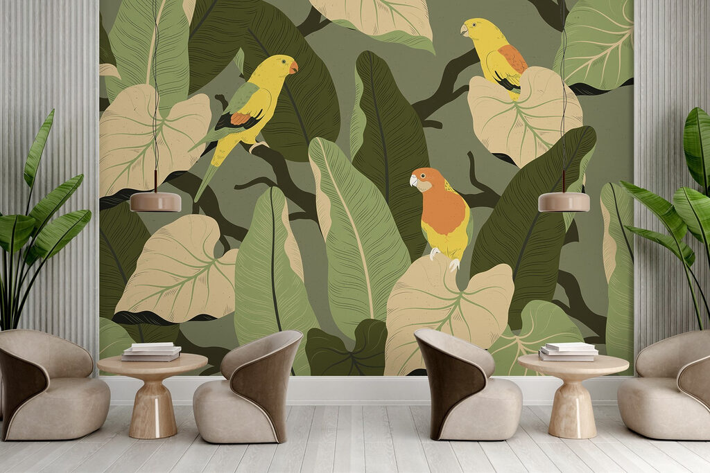 Pájaros amarillos entre hojas — interior 8