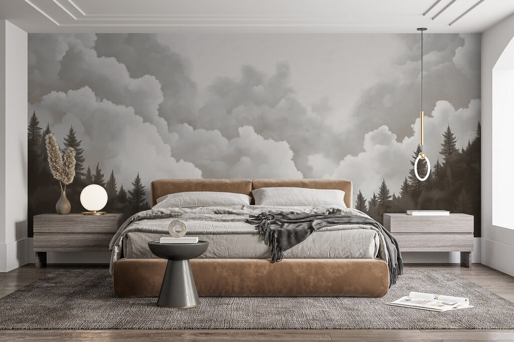 Pinos bajo nubes altas en un interior