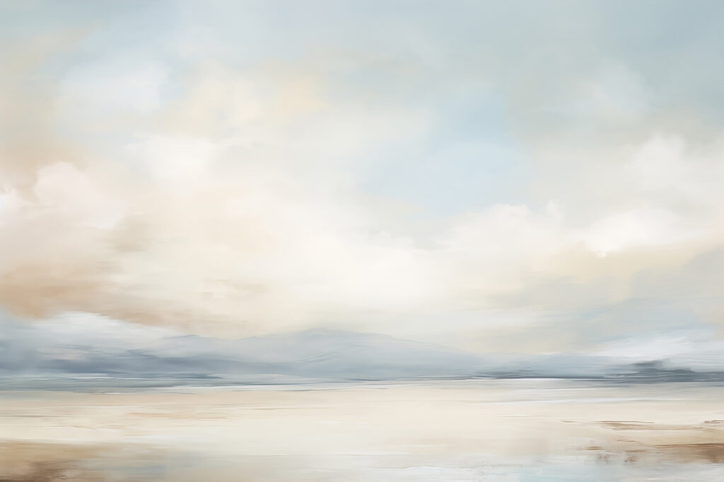 Orilla serena bajo nubes — diseño completo