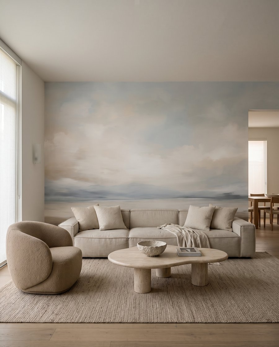Orilla serena bajo nubes en un interior