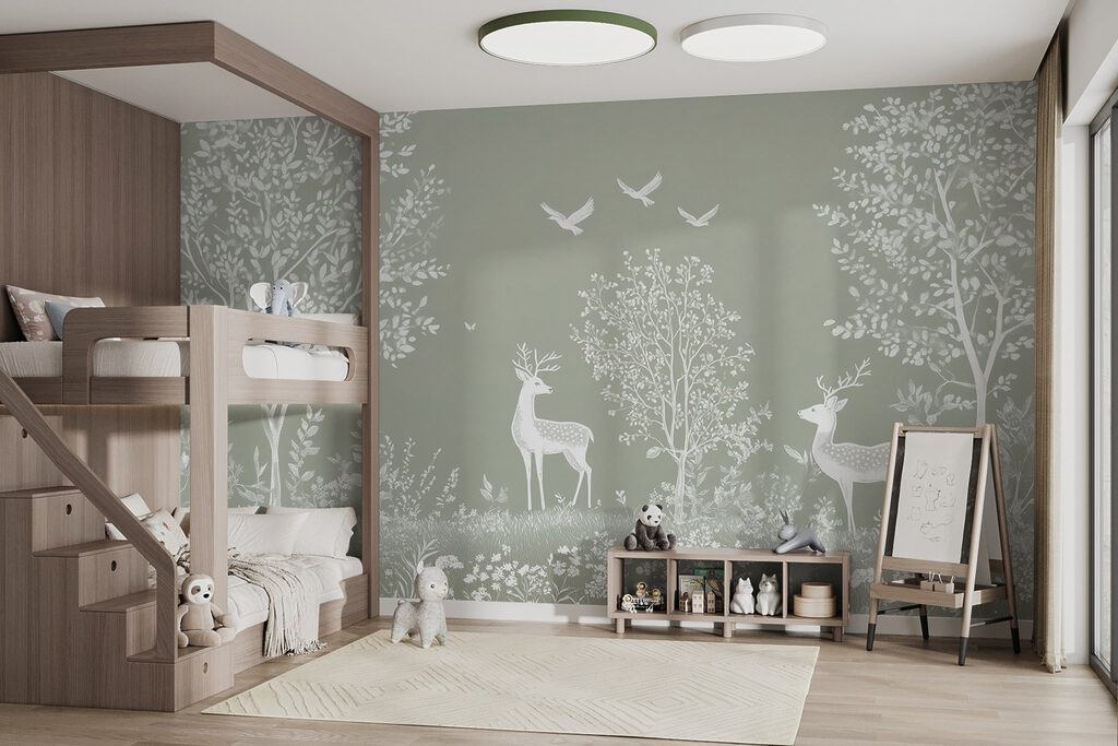 Ciervos blancos entre árboles — interior 2