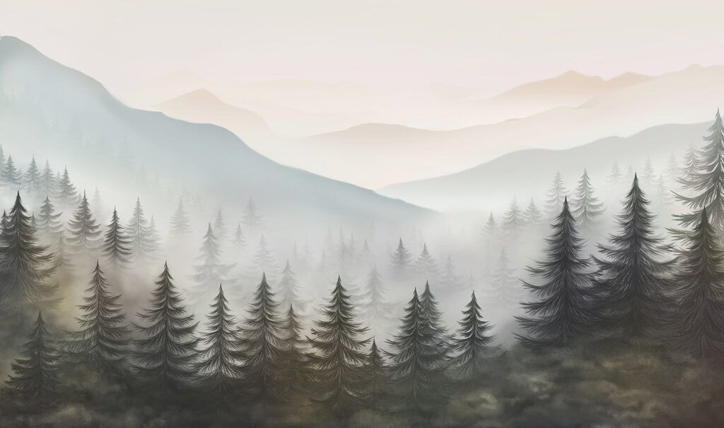 Pinos entre niebla — diseño completo