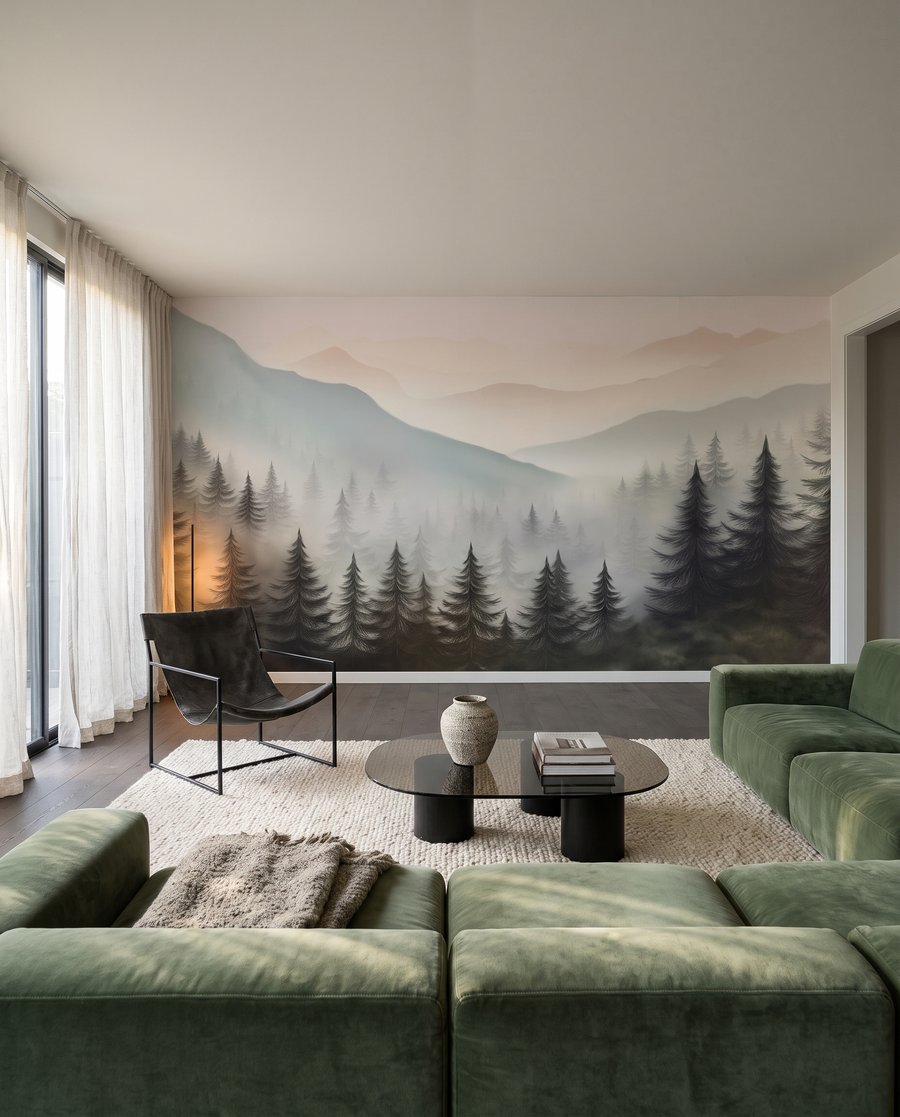 Pinos entre niebla en un interior