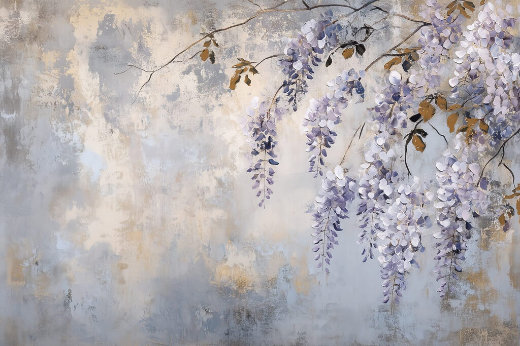 Flores lilas sobre pátina — diseño completo