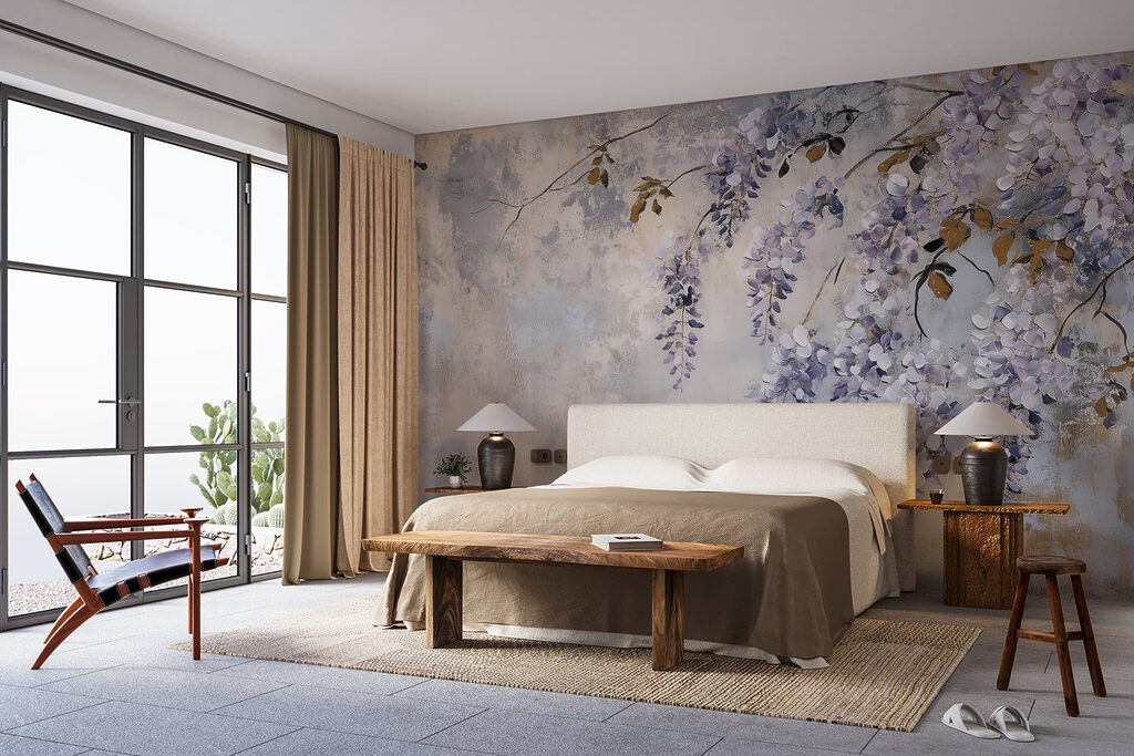 Flores lilas sobre pátina — interior 1
