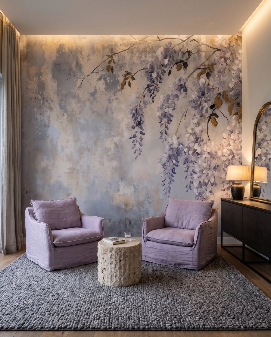 Flores lilas sobre pátina en un interior