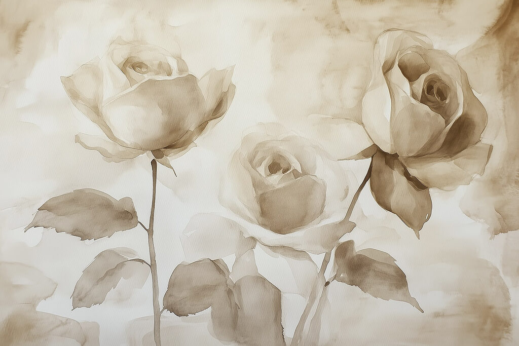 Tres rosas en sepia — diseño completo