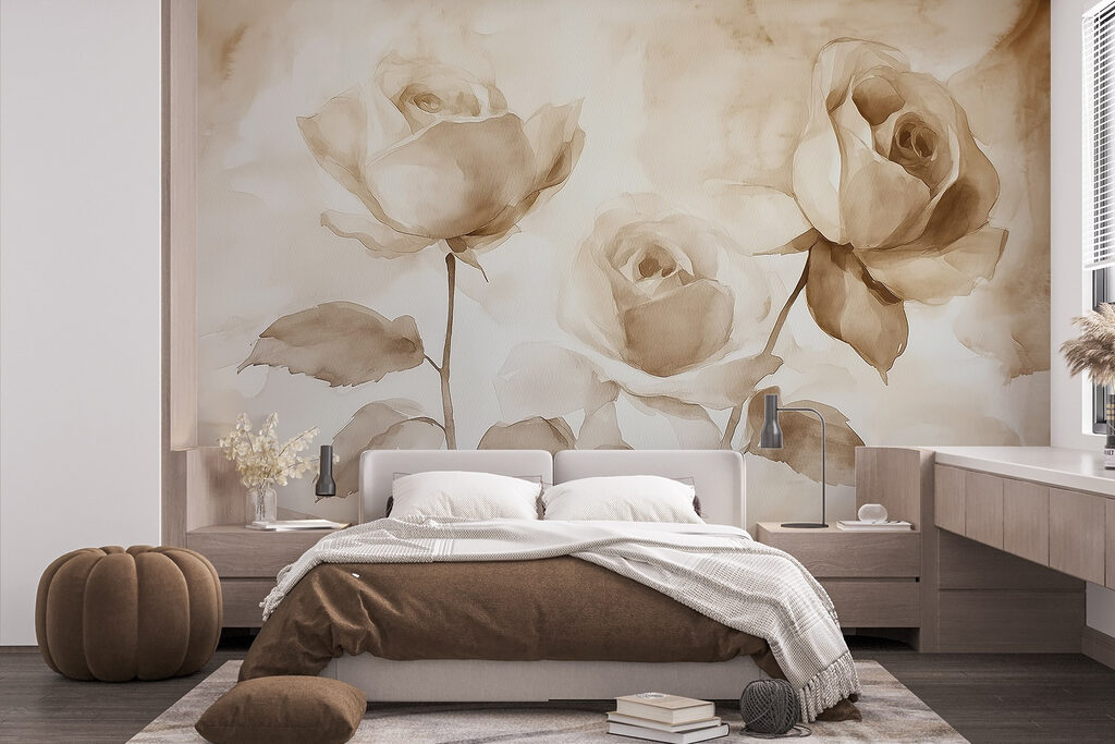 Tres rosas en sepia en un interior