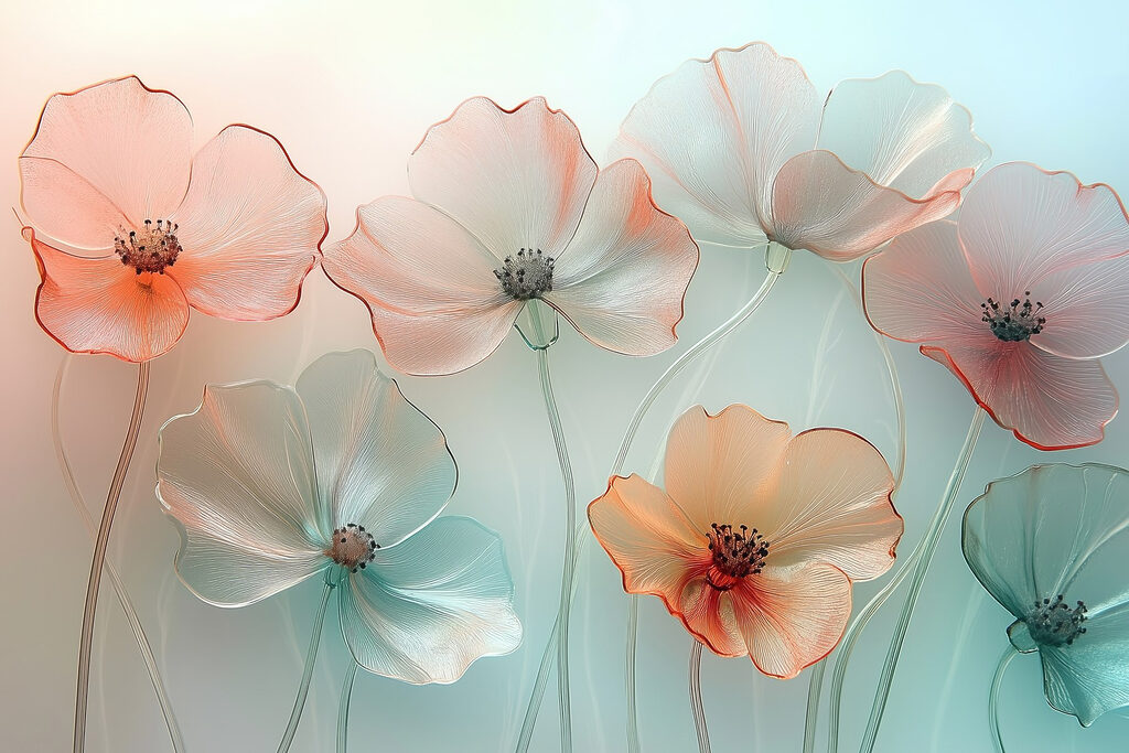 Flores translúcidas sobre menta — diseño completo