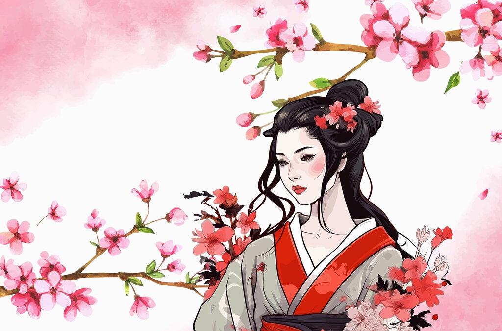 Mujer entre flores rosas — diseño completo