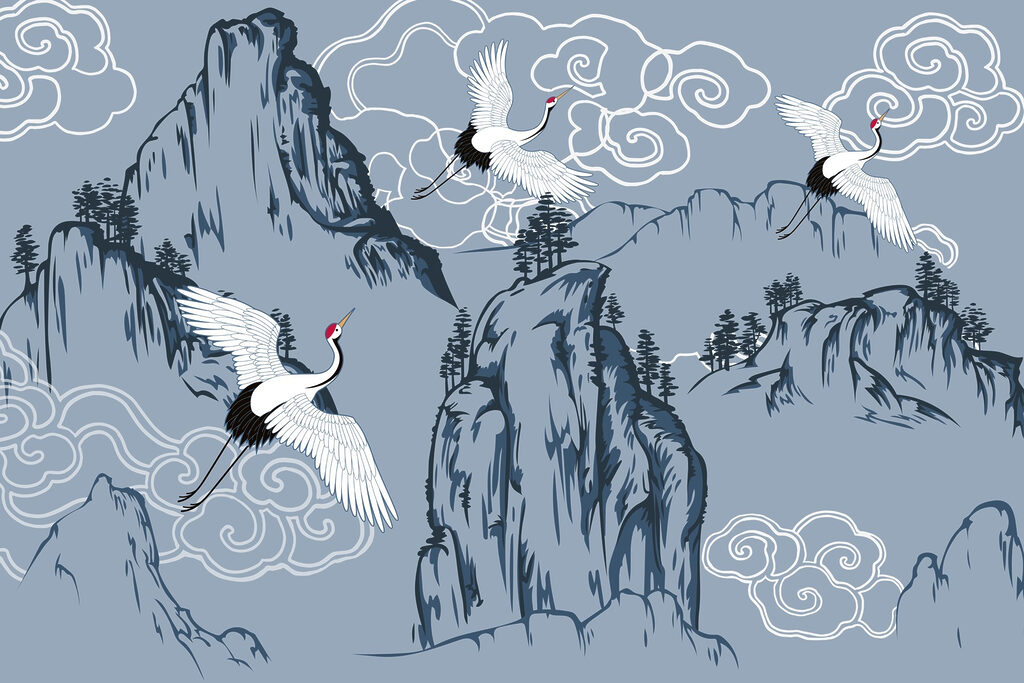 Grullas sobre montañas — diseño completo