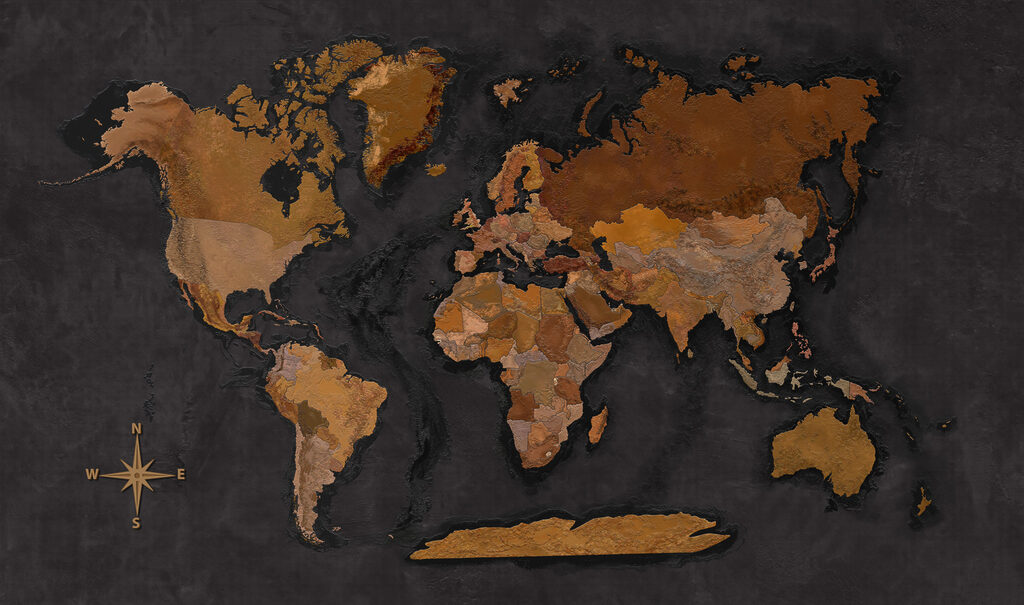 Mapa del mundo cobrizo — diseño completo