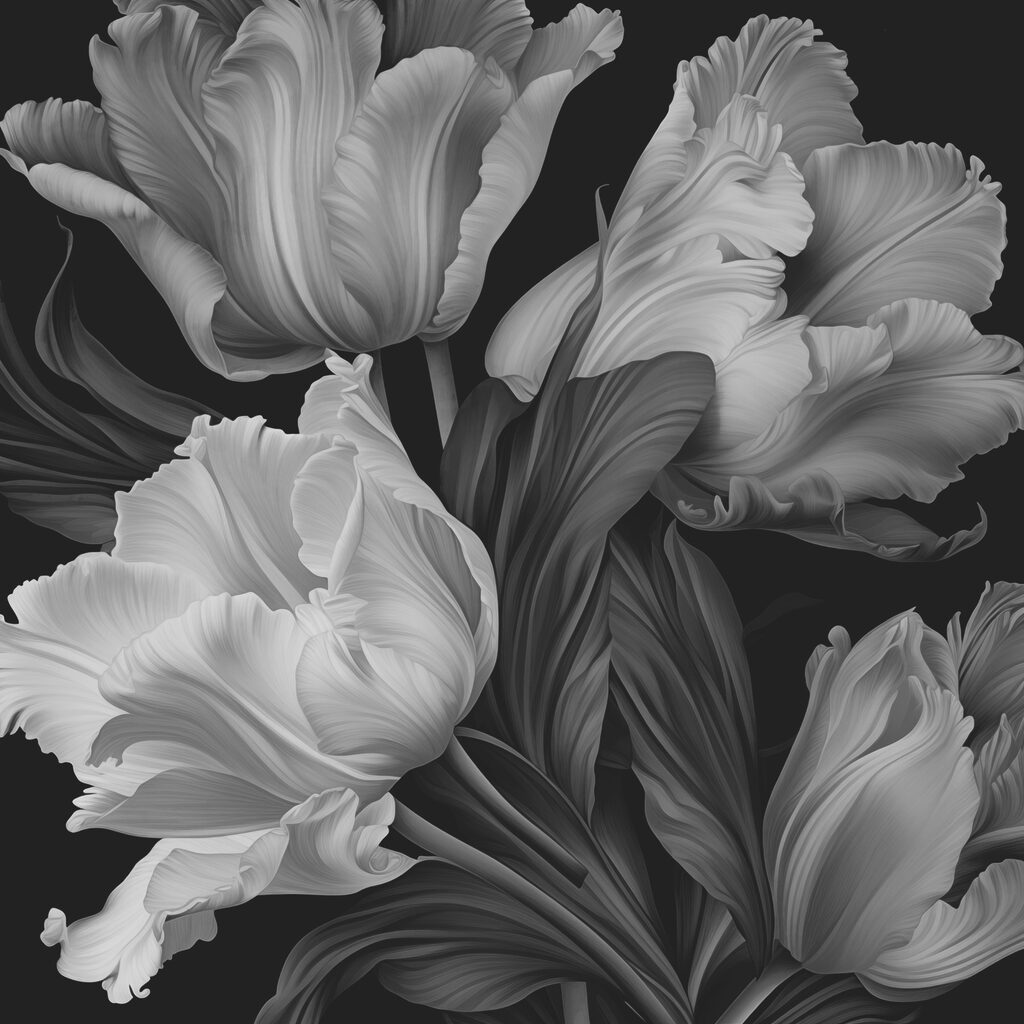 Tulipanes grises sobre negro — diseño completo