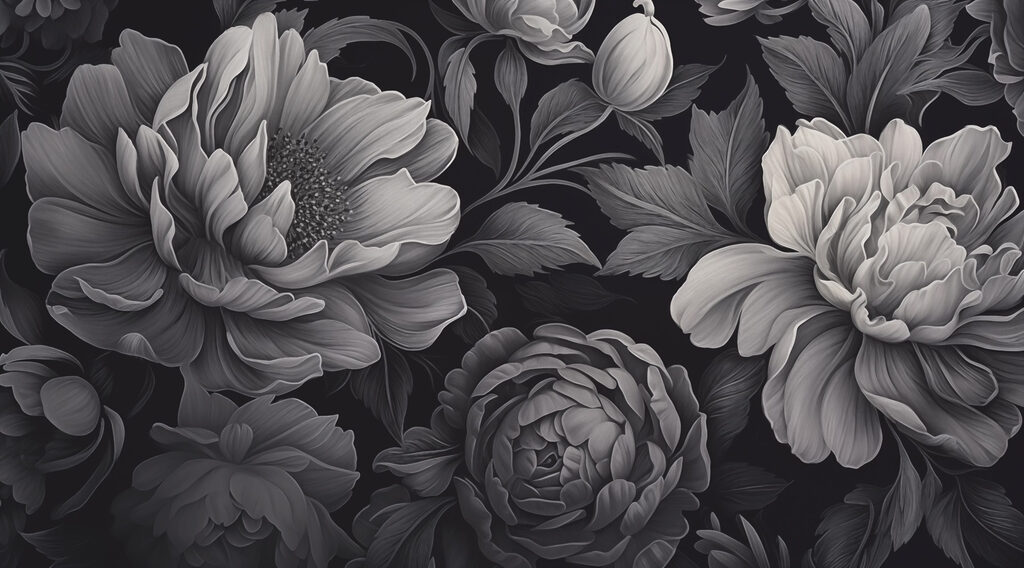 Flores grises sobre negro — diseño completo