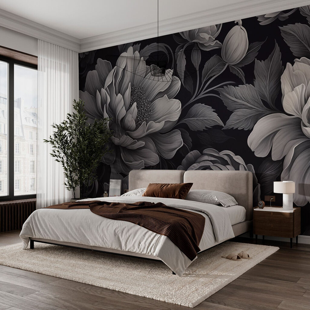 Flores grises sobre negro — interior 1