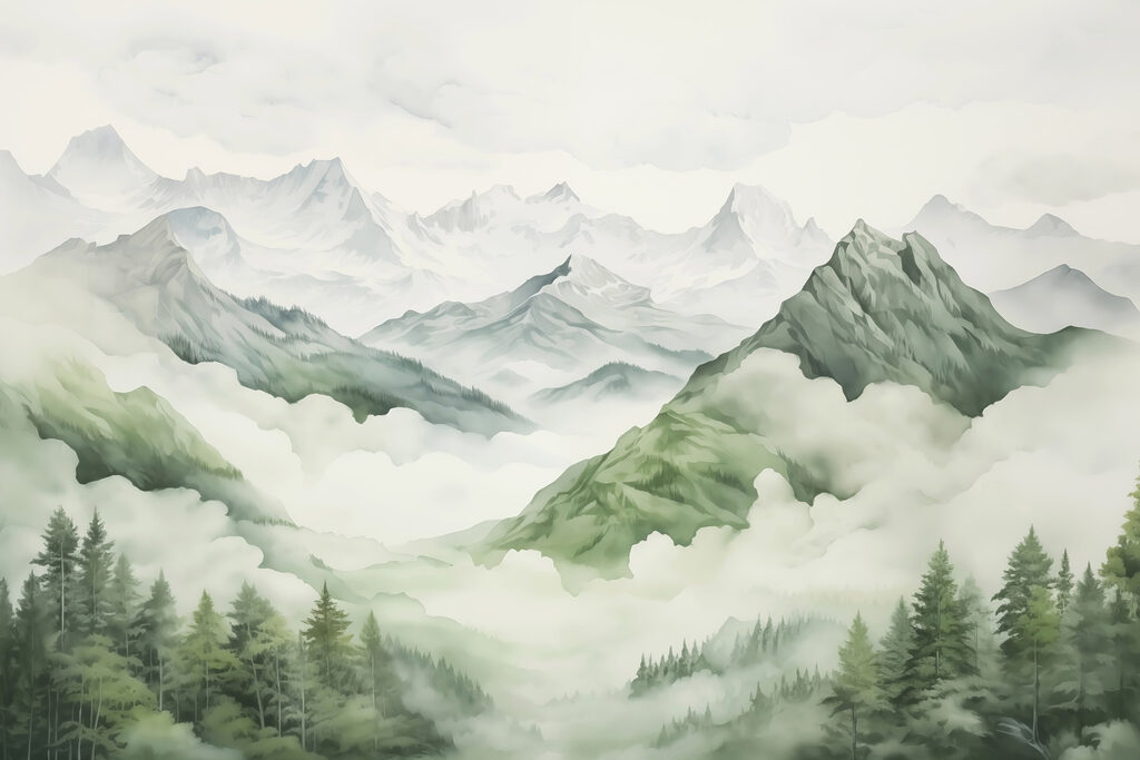 Laderas verdes entre niebla — diseño completo