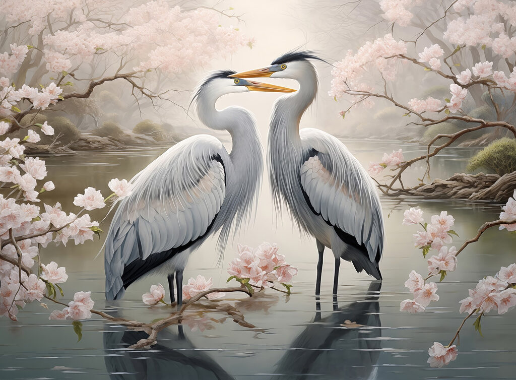 Garzas frente a frente — diseño completo