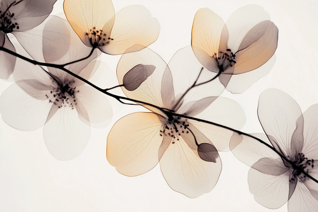 Flores translúcidas en ramas — diseño completo
