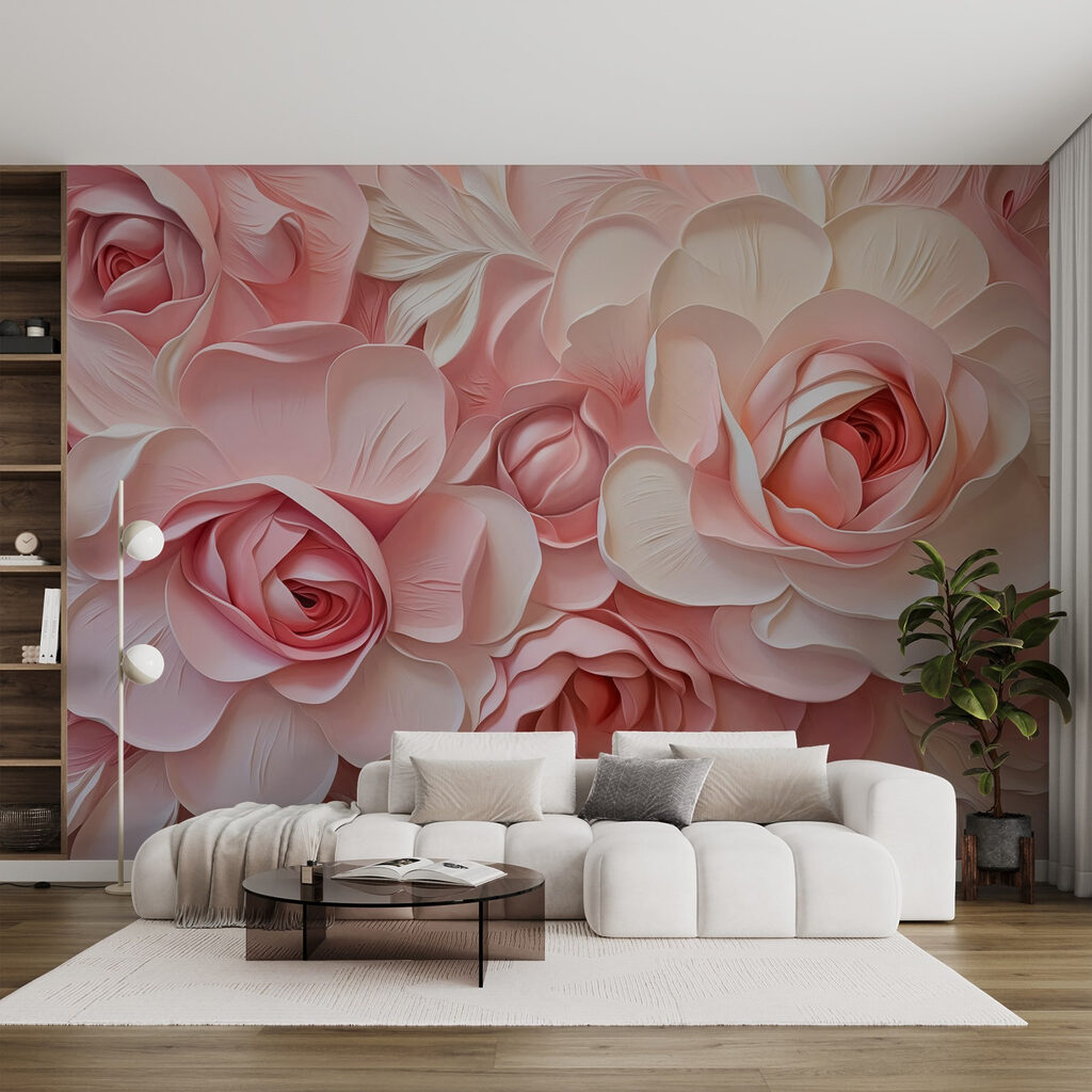 Rosas de pétalos plegados en un interior