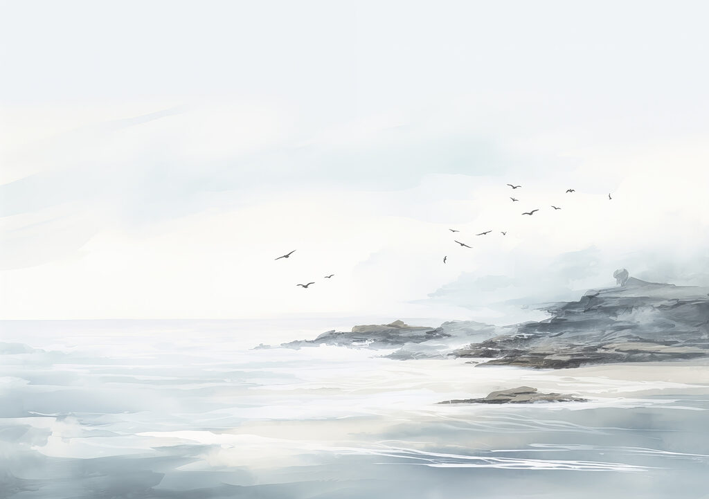 Aves sobre costa gris — diseño completo