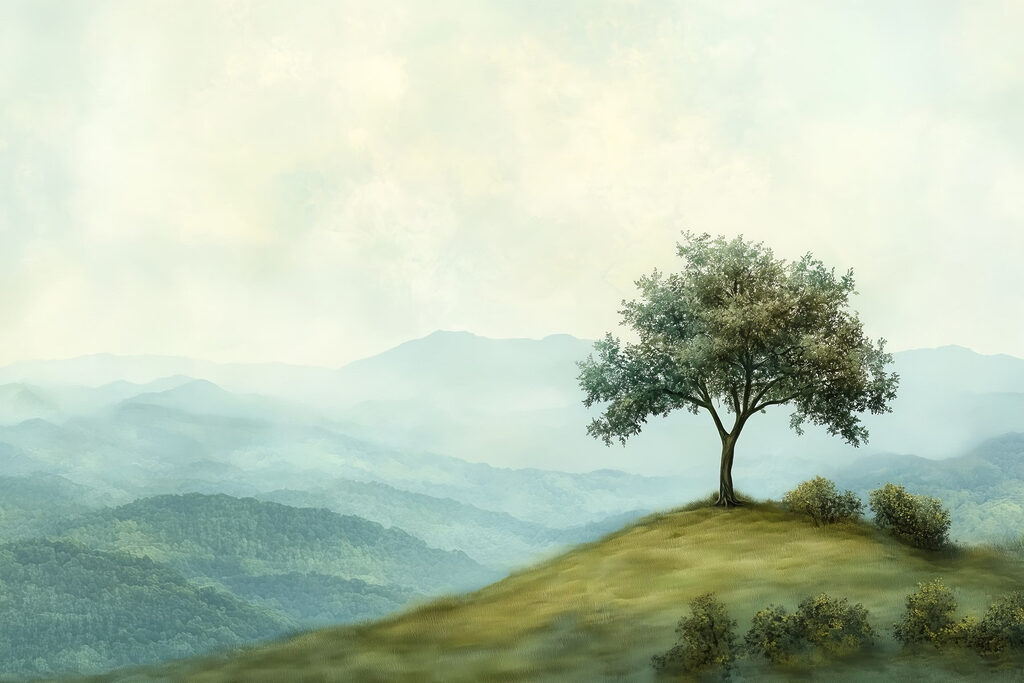 Árbol solitario ante montañas — diseño completo