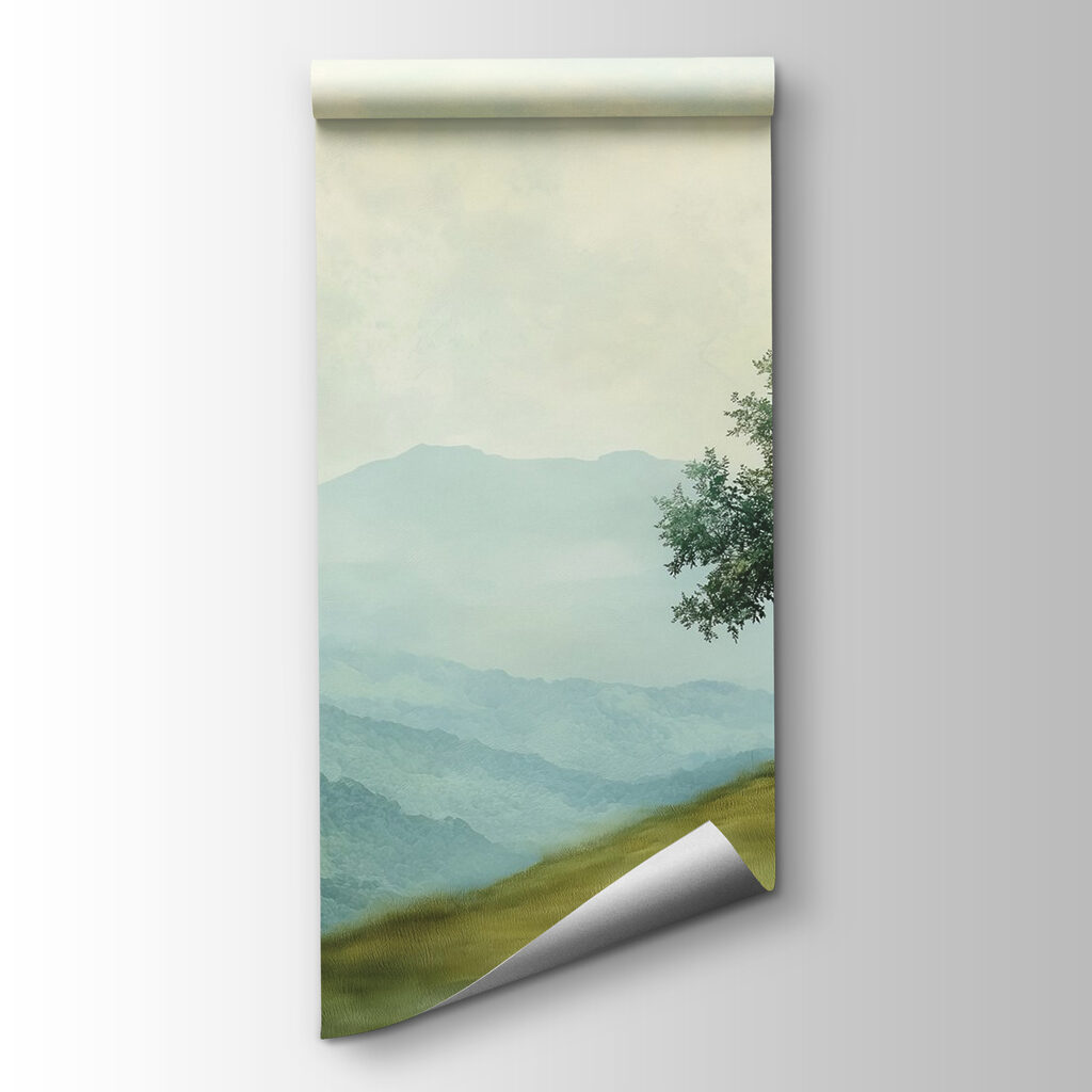 Árbol solitario ante montañas — vista del producto
