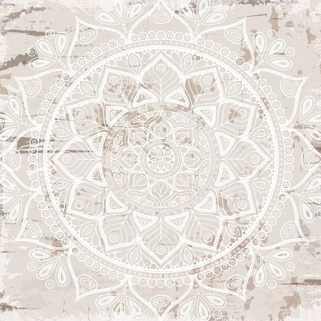 Mandala blanca sobre beige — diseño completo