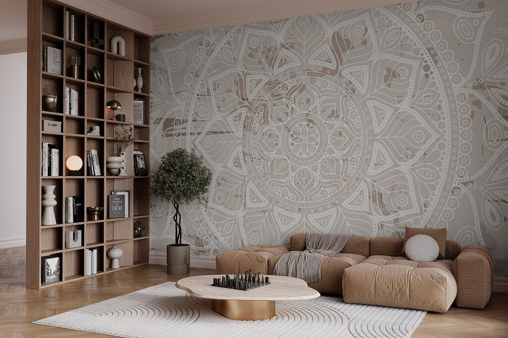 Mandala blanca sobre beige — interior 1
