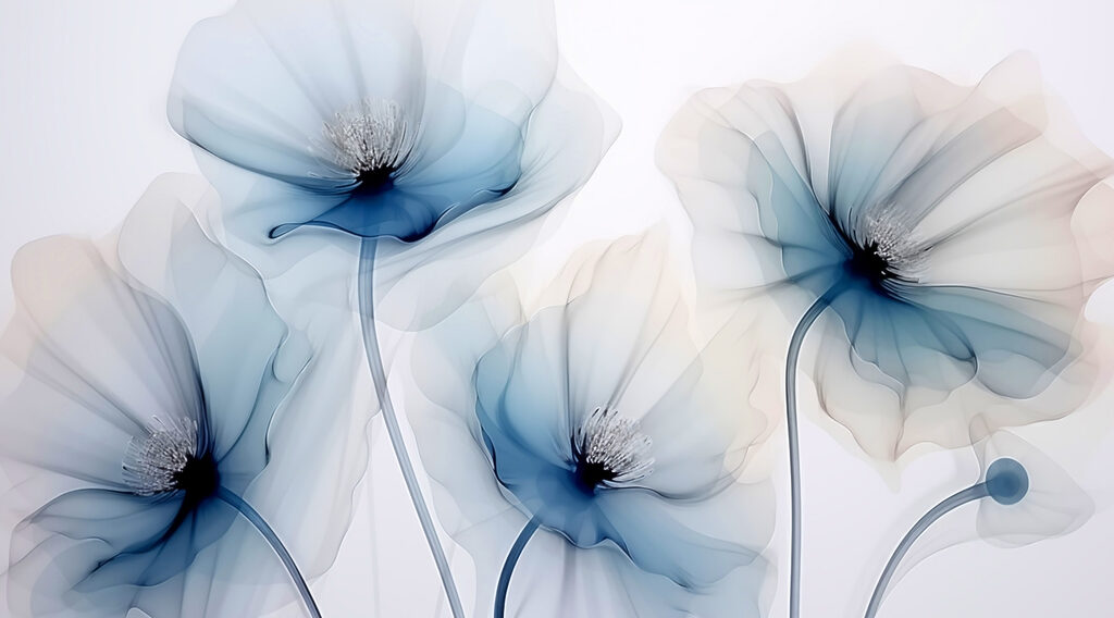 Flores transparentes sobre tallos — diseño completo