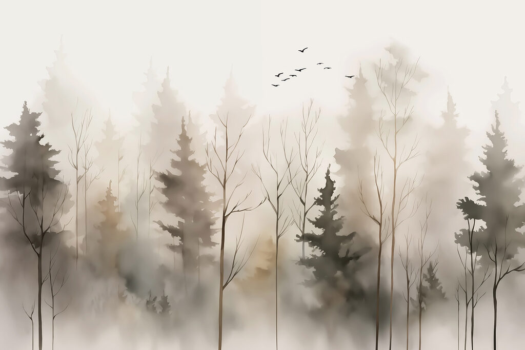 Árboles finos entre niebla — diseño completo