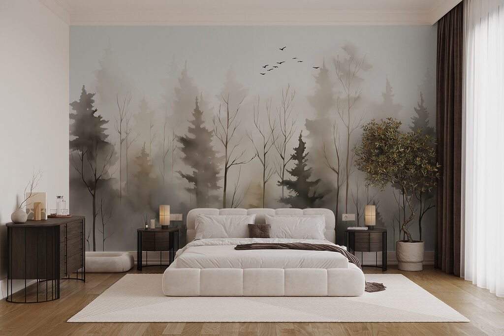 Árboles finos entre niebla — interior 1