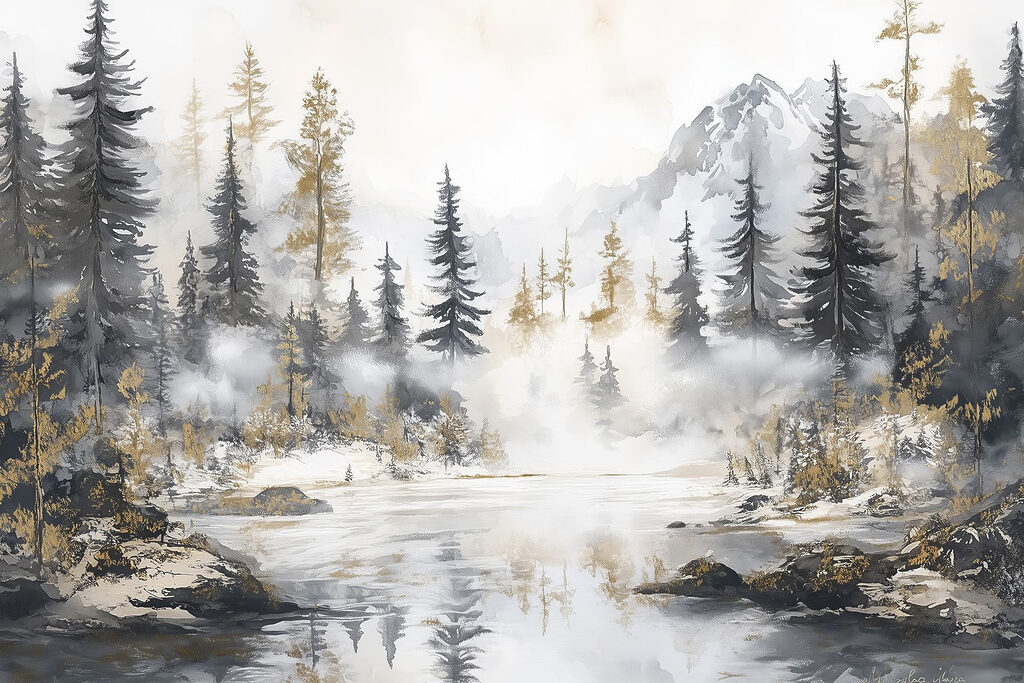 Lago bajo montañas nevadas — diseño completo