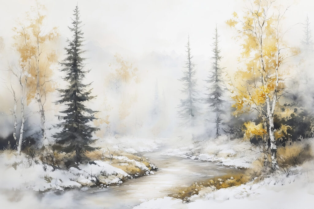 Arroyo invernal entre árboles — diseño completo