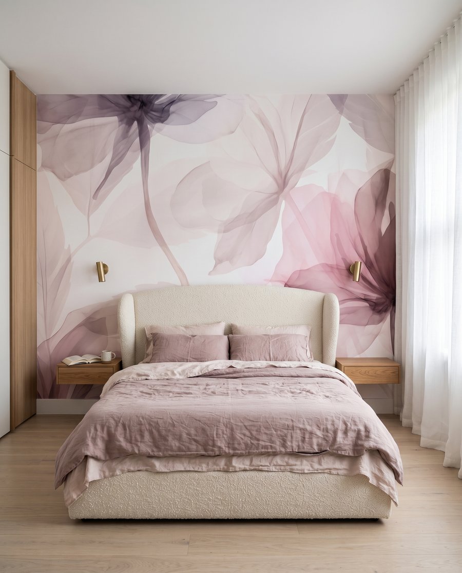 Flores en velos malva en un interior