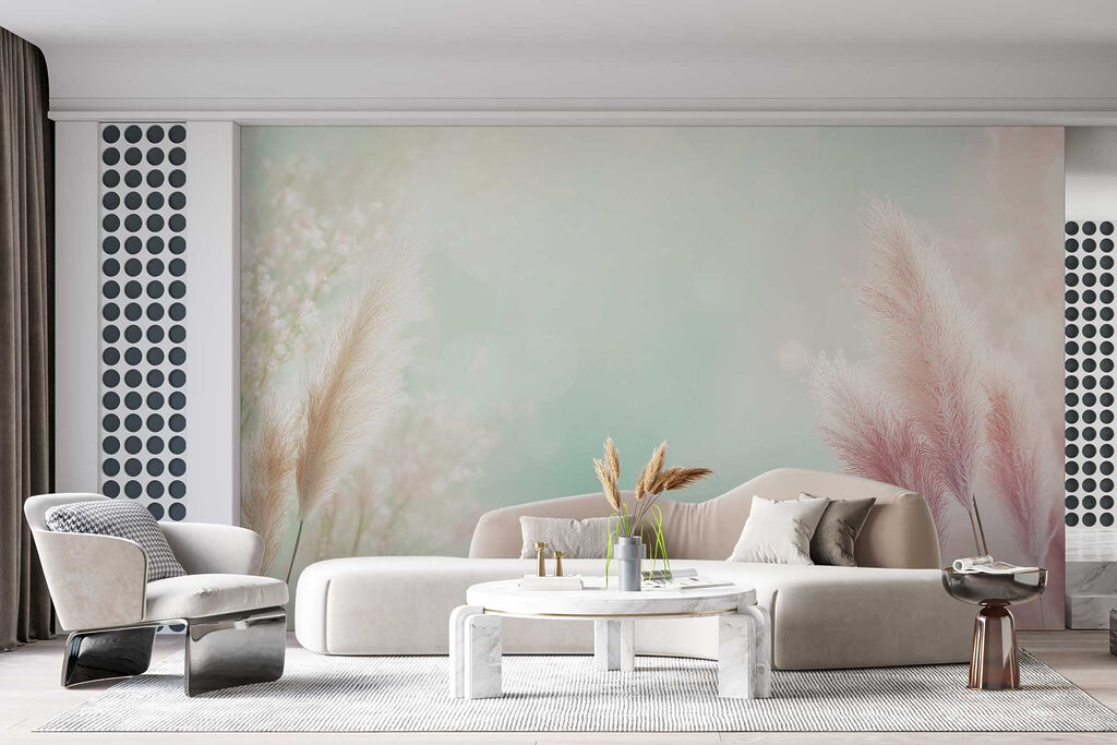 Plumas rosas sobre verde — interior 1