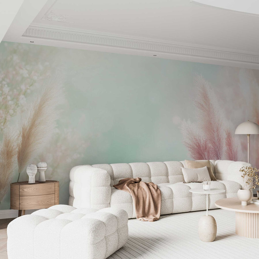 Plumas rosas sobre verde — interior 2