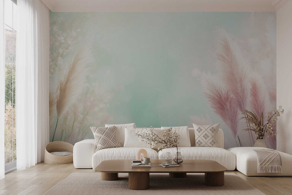 Plumas rosas sobre verde — interior 3
