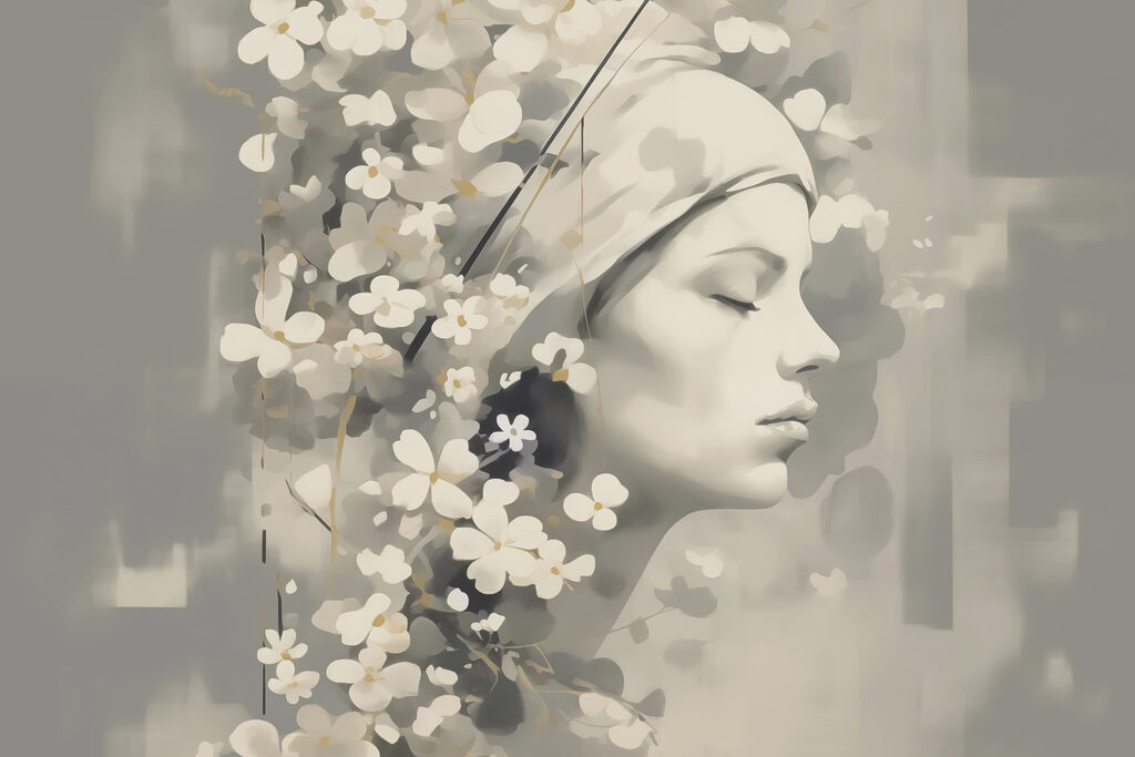 Perfil femenino entre flores — diseño completo