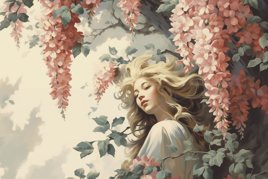Mujer bajo flores colgantes — diseño completo