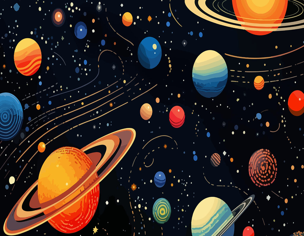 Planetas sobre órbitas doradas — diseño completo
