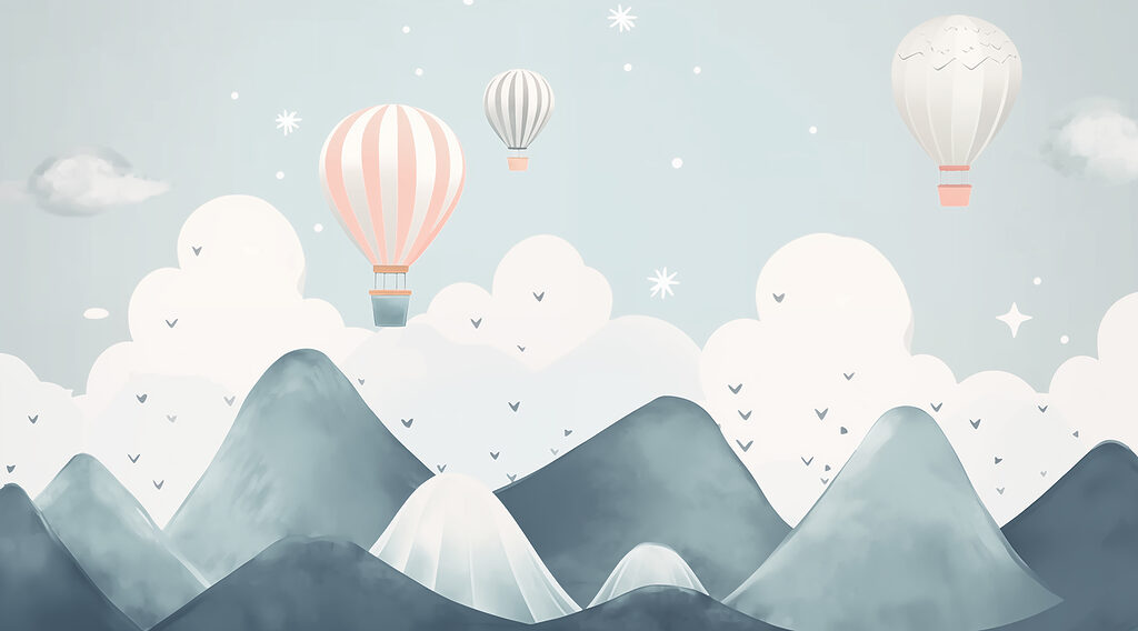Globos sobre montañas azules — diseño completo