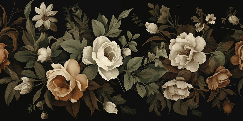 Flores envejecidas sobre negro — diseño completo