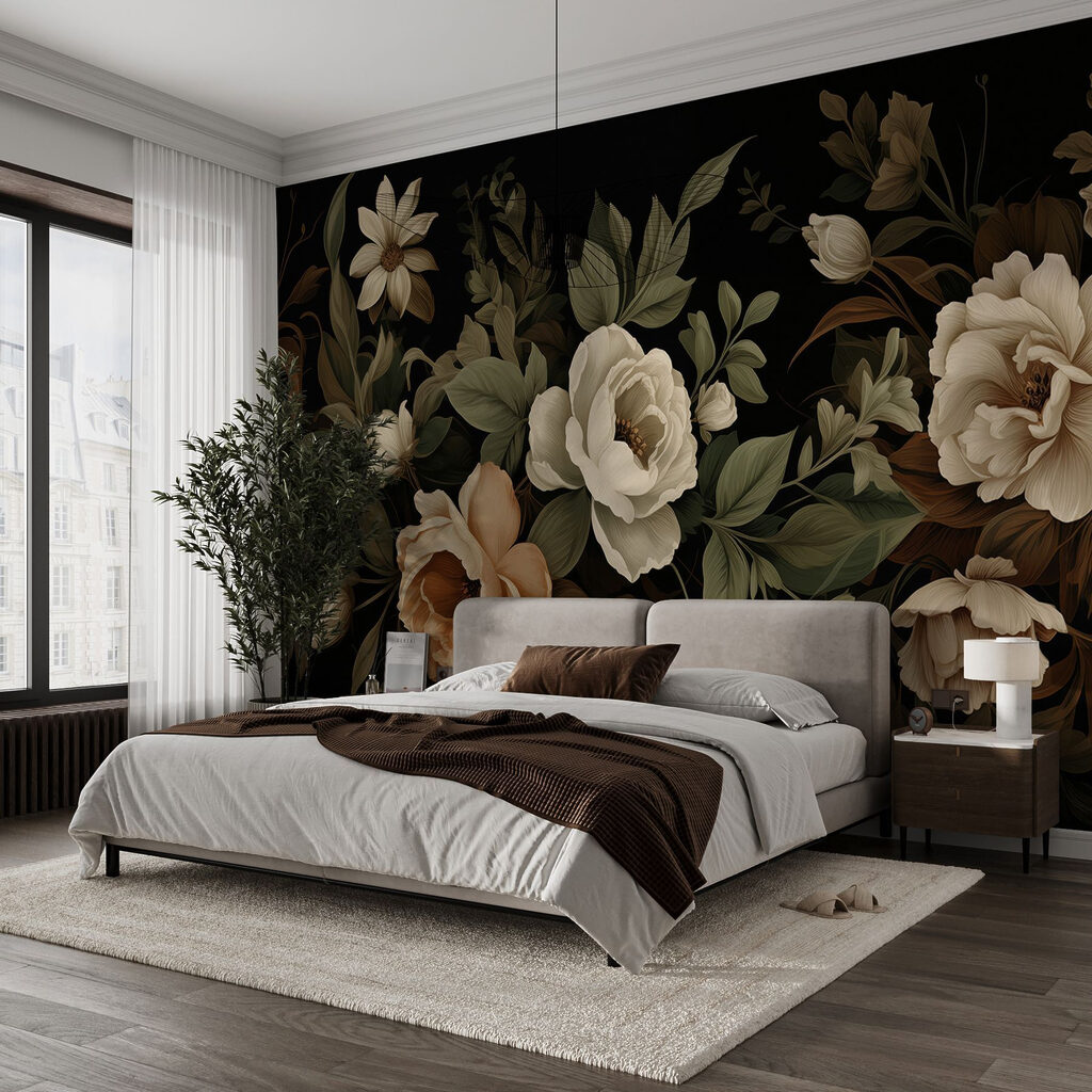 Flores envejecidas sobre negro en un interior