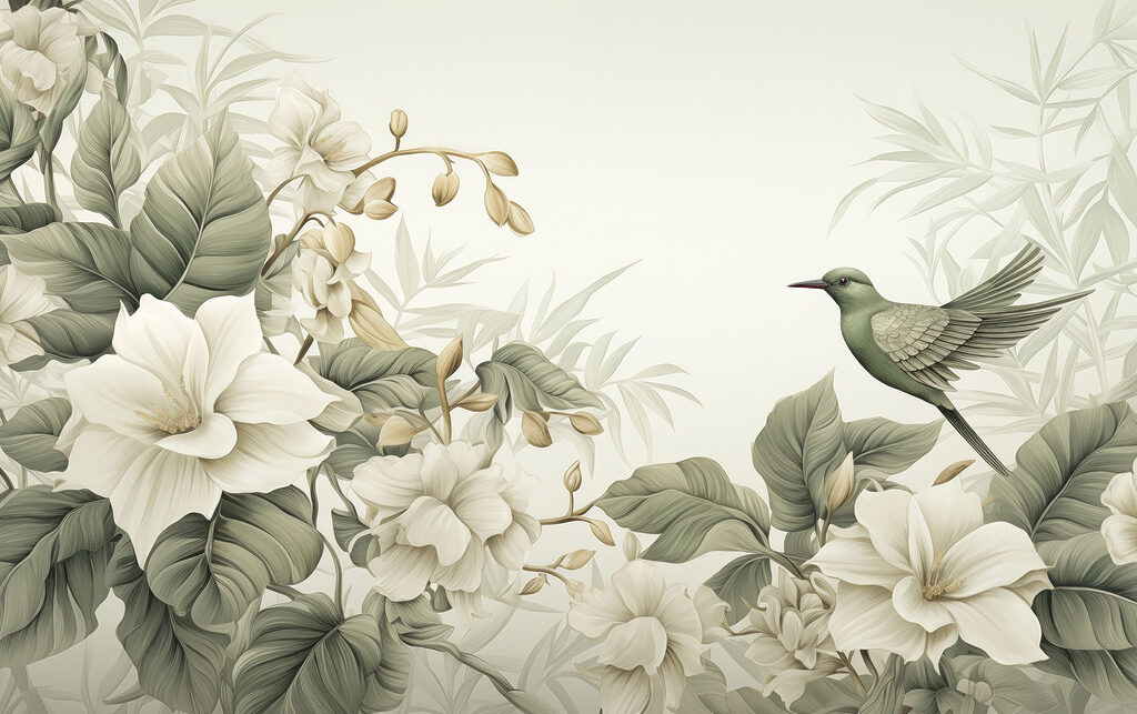 Colibrí entre flores blancas — diseño completo